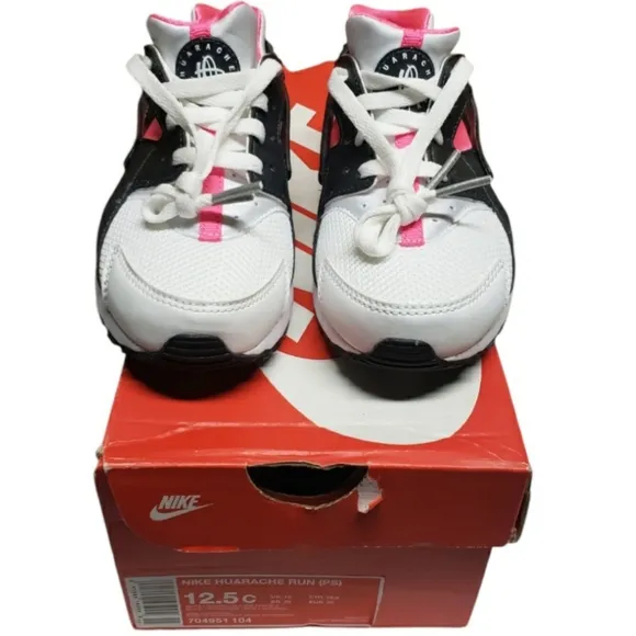 Nike Girl Huarache Run (PS) White Pink Black Running Shoes 704951 104 Size 12.5C