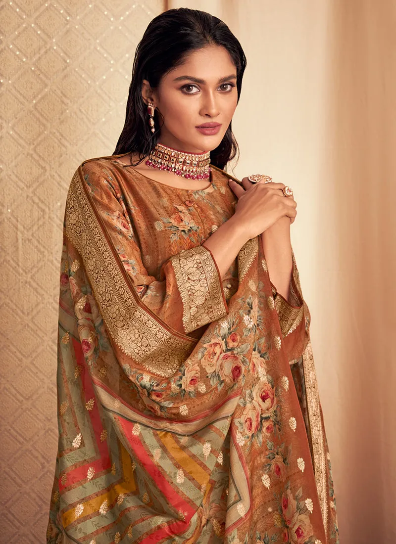 Ochre Yellow Printed Viscose Jacquard Salwar Kameez