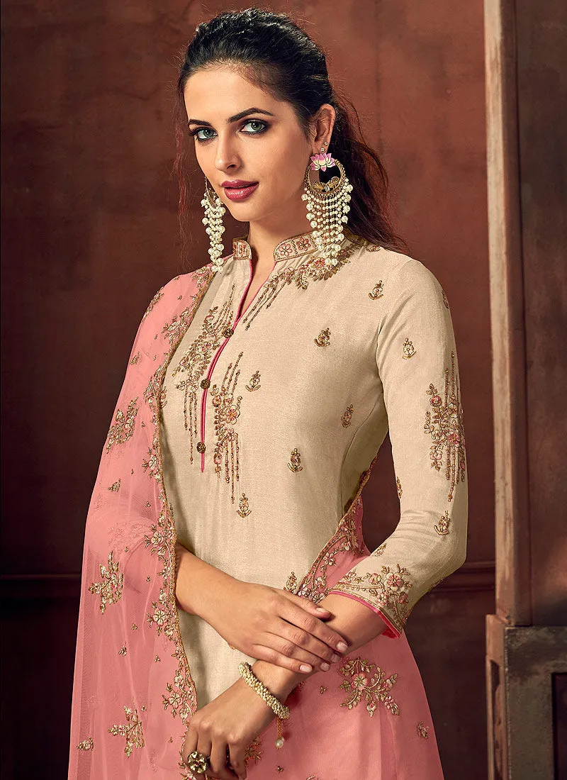 Off White And Peach Designer Palazzo Suit
