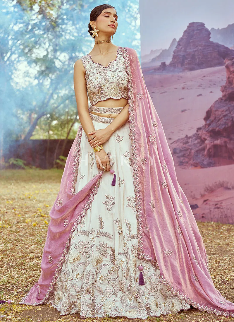 Off White And Purple Embroidery Bridal Lehenga Choli