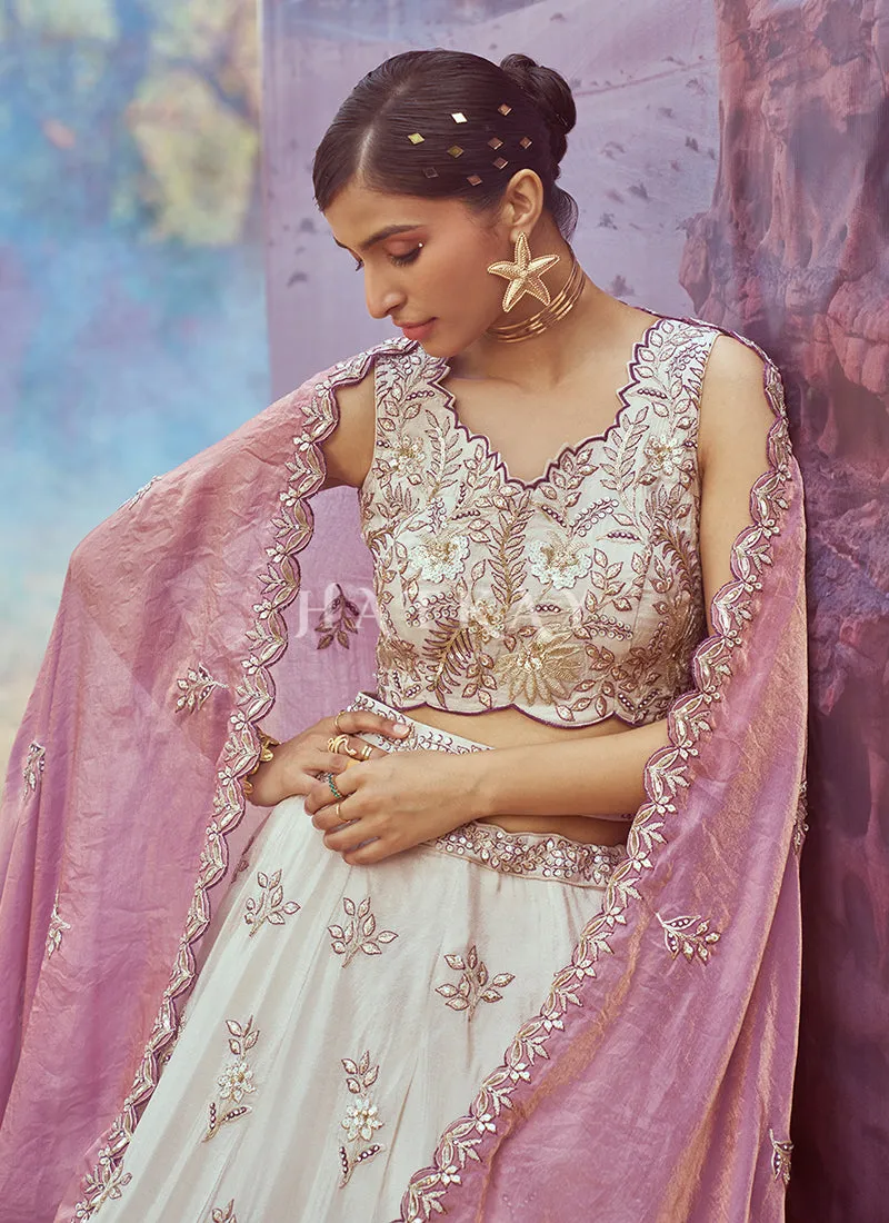 Off White And Purple Embroidery Bridal Lehenga Choli