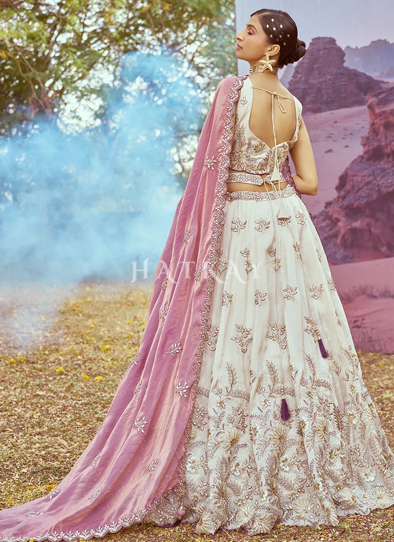 Off White And Purple Embroidery Bridal Lehenga Choli