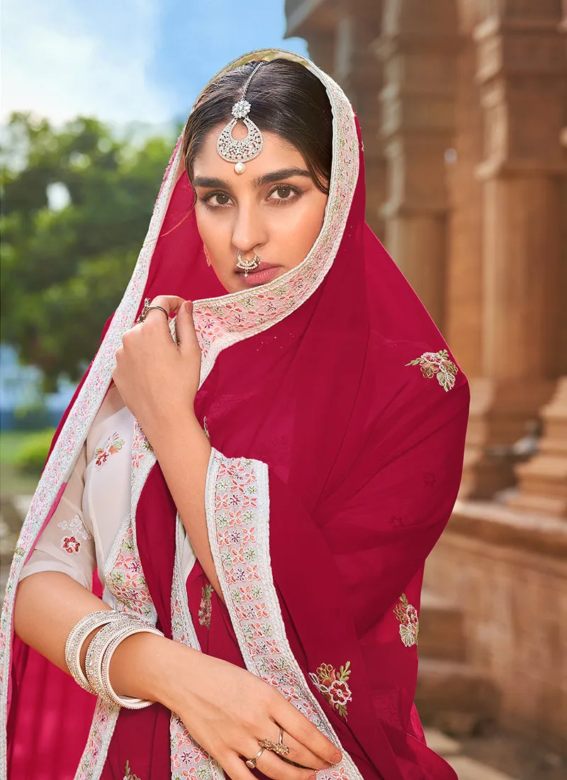 Off White And Red Zari Embroidered Wedding Lehenga Choli