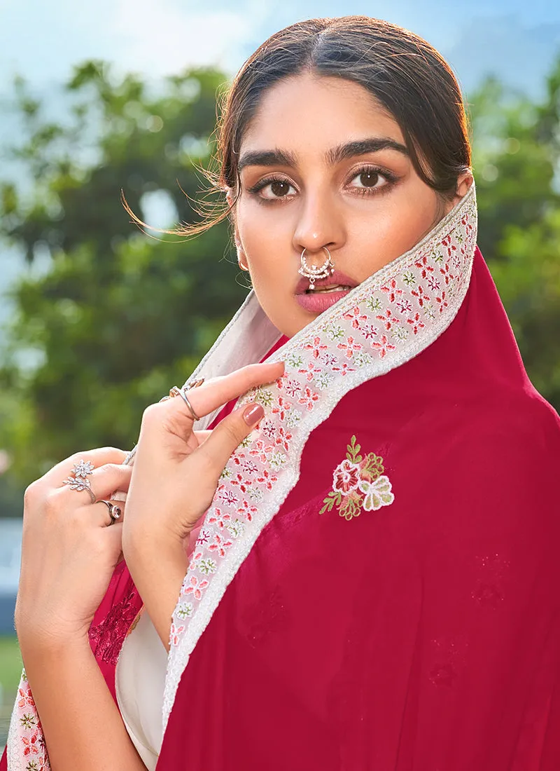 Off White And Red Zari Embroidered Wedding Lehenga Choli