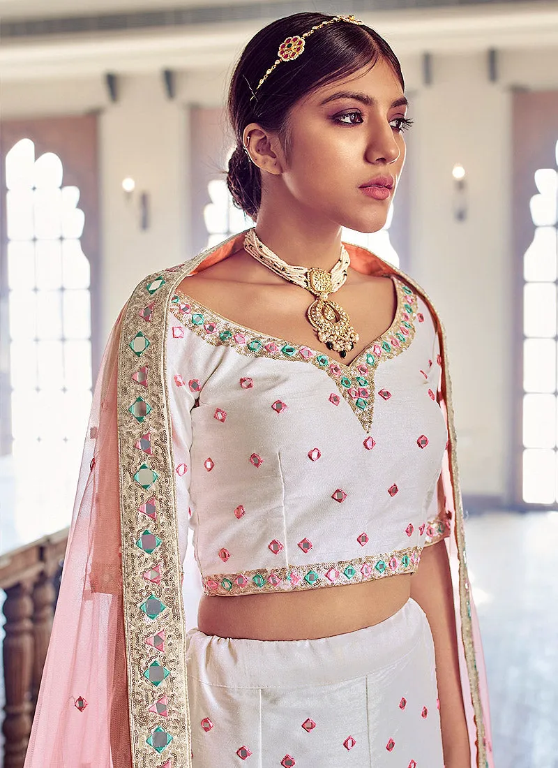 Off White Mirror Work Wedding Lehenga Choli