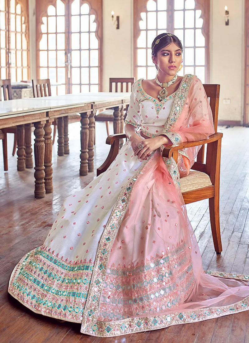 Off White Mirror Work Wedding Lehenga Choli