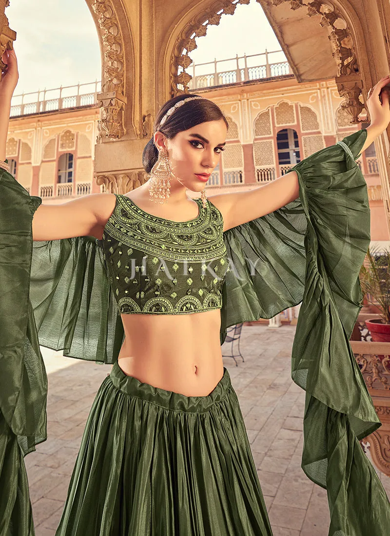 Olive Green Mirror Work Embroidered Festive Lehenga Choli