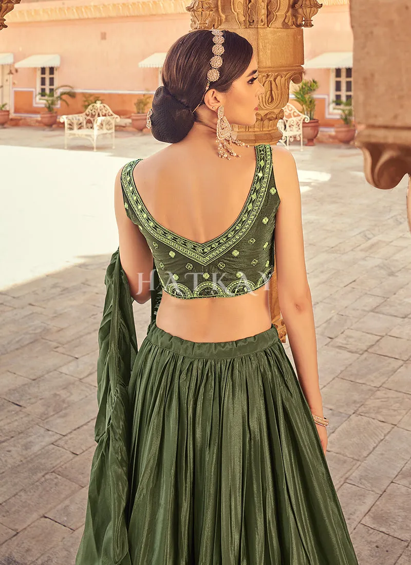 Olive Green Mirror Work Embroidered Festive Lehenga Choli