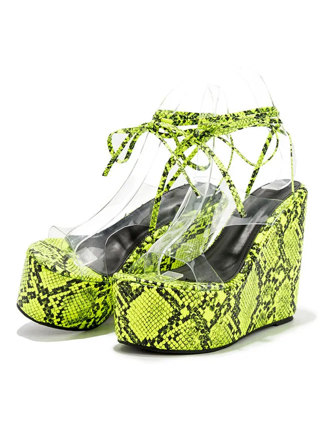 One-word Buckle with Transparent Sandals Female Summer Fashion Snake Pattern Open Toe Super High Wedge Shoes