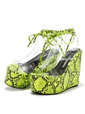 One-word Buckle with Transparent Sandals Female Summer Fashion Snake Pattern Open Toe Super High Wedge Shoes