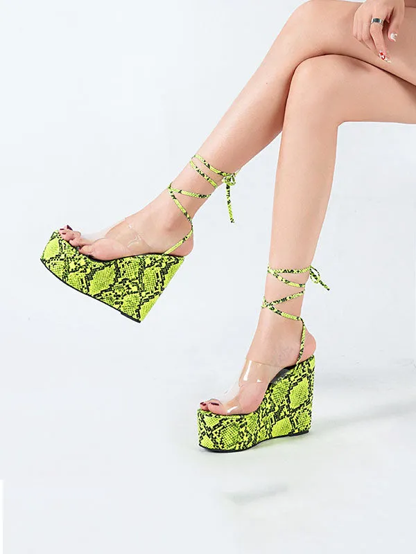 One-word Buckle with Transparent Sandals Female Summer Fashion Snake Pattern Open Toe Super High Wedge Shoes