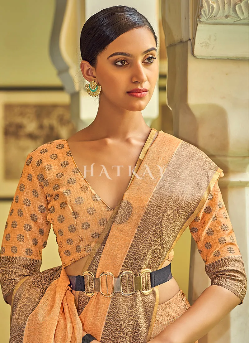 Orange Copper Zari Embellished Tissue Silk Saree
