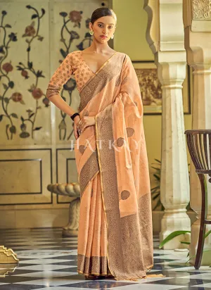 Orange Copper Zari Embellished Tissue Silk Saree