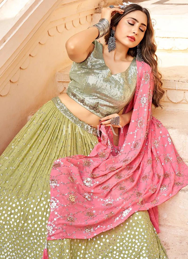 Pale Green And Pink Sequence Embroidery Festive Lehenga Choli