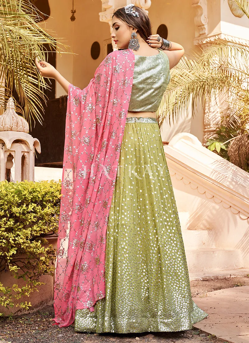 Pale Green And Pink Sequence Embroidery Festive Lehenga Choli