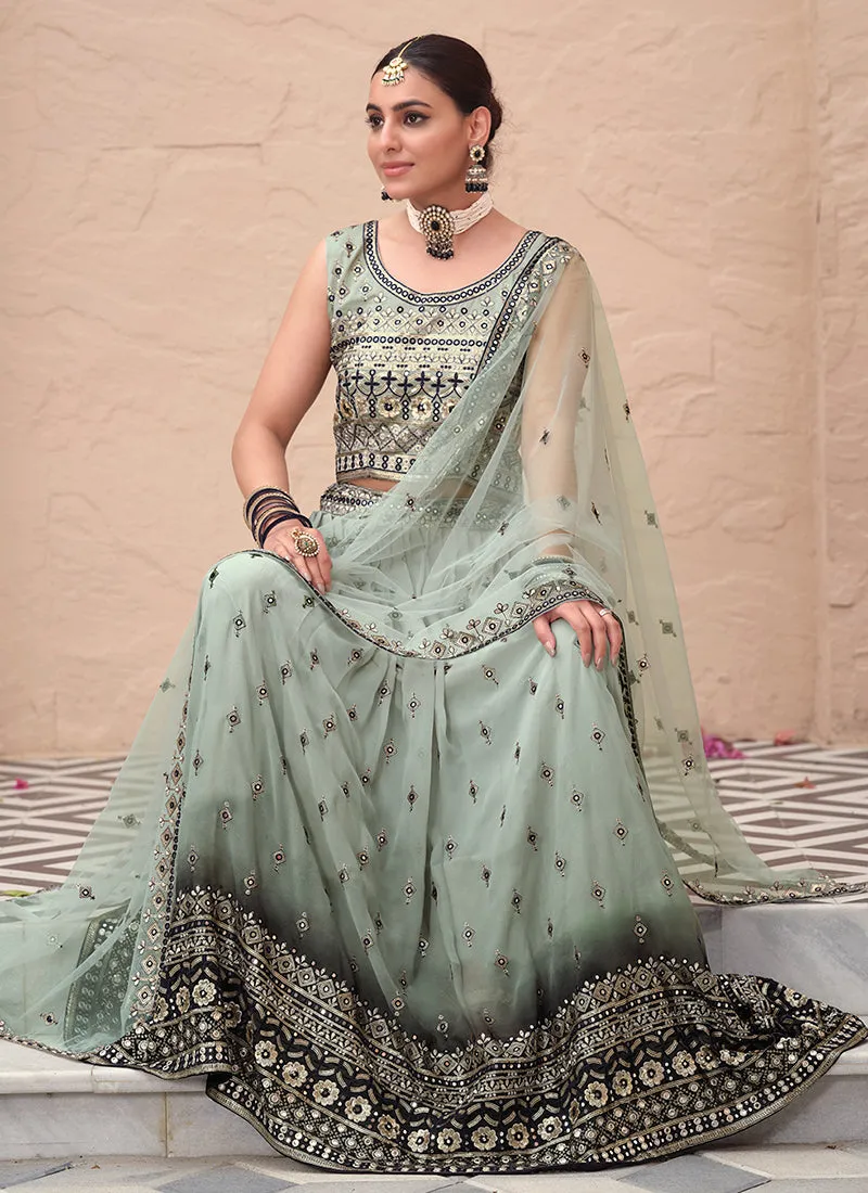 Pale Green Mirror Work Embroidery Festive Lehenga Choli