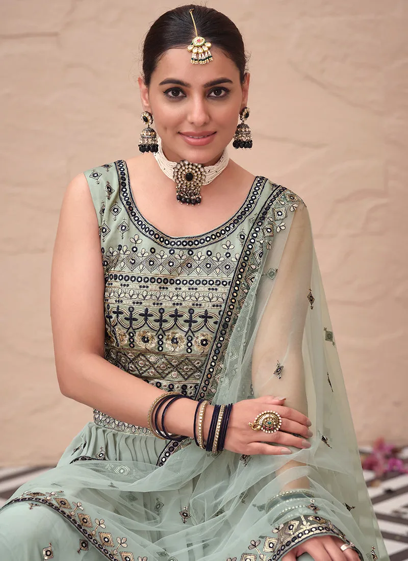 Pale Green Mirror Work Embroidery Festive Lehenga Choli