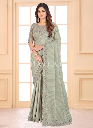 Pale Green Sequence Embroidered Crush Wedding Saree