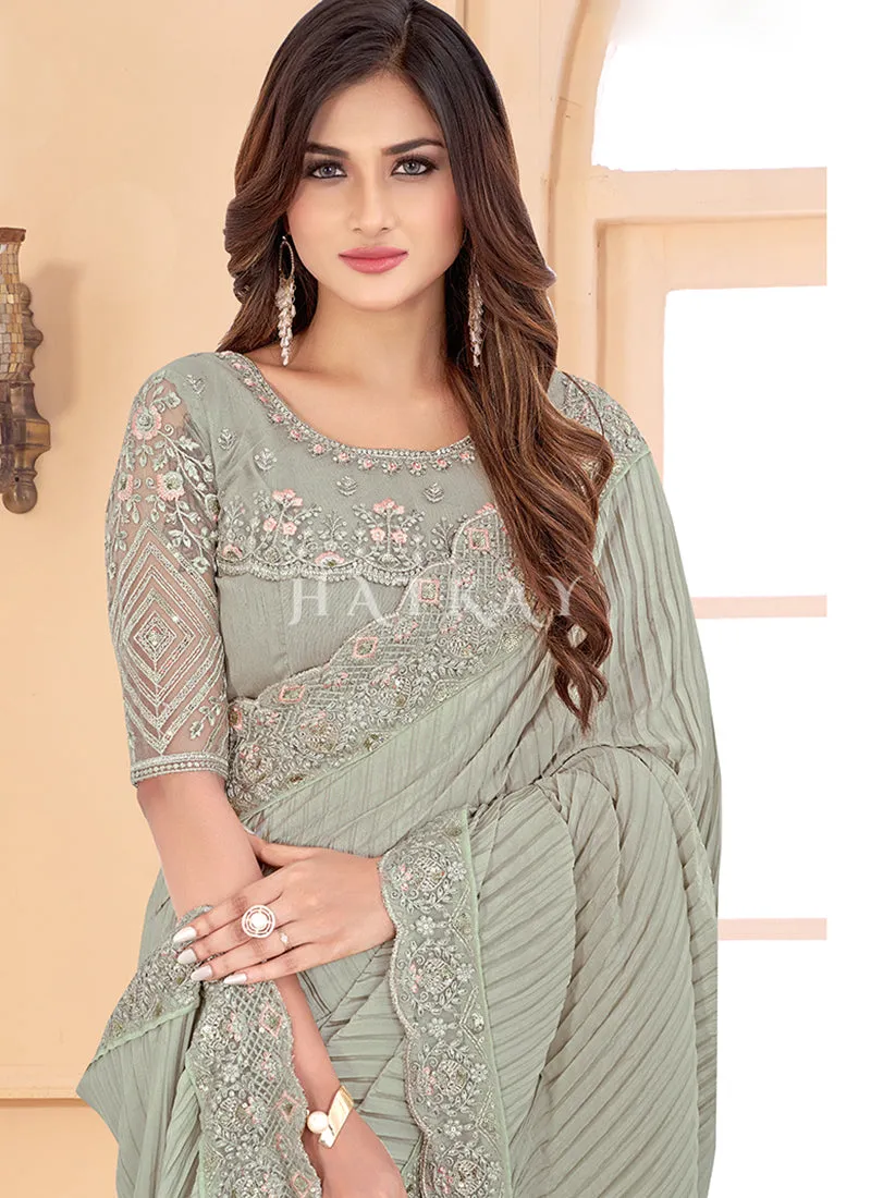Pale Green Sequence Embroidered Crush Wedding Saree