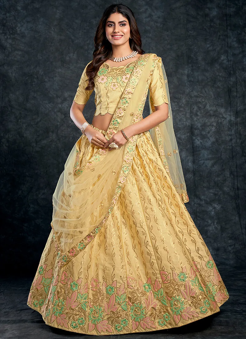 Pastel Yellow Multi Embroidery Silk Wedding Lehenga Choli