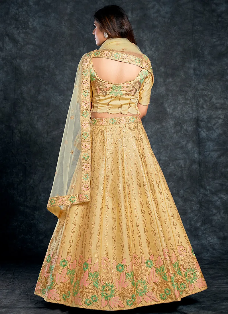 Pastel Yellow Multi Embroidery Silk Wedding Lehenga Choli