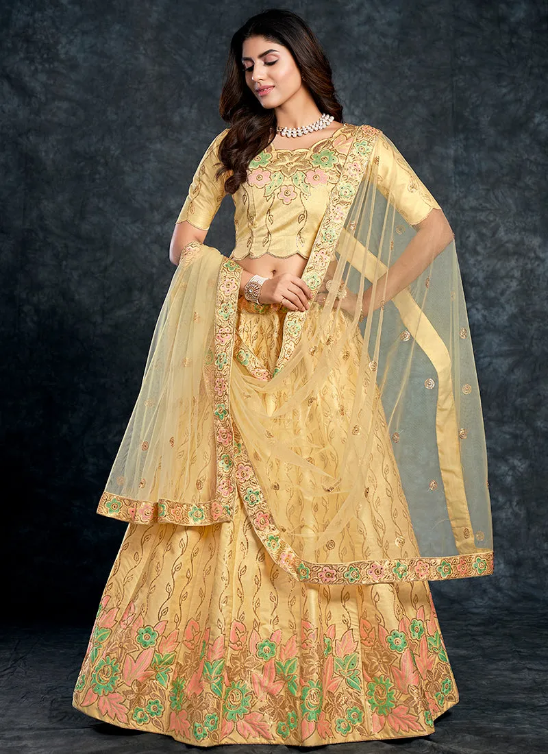 Pastel Yellow Multi Embroidery Silk Wedding Lehenga Choli