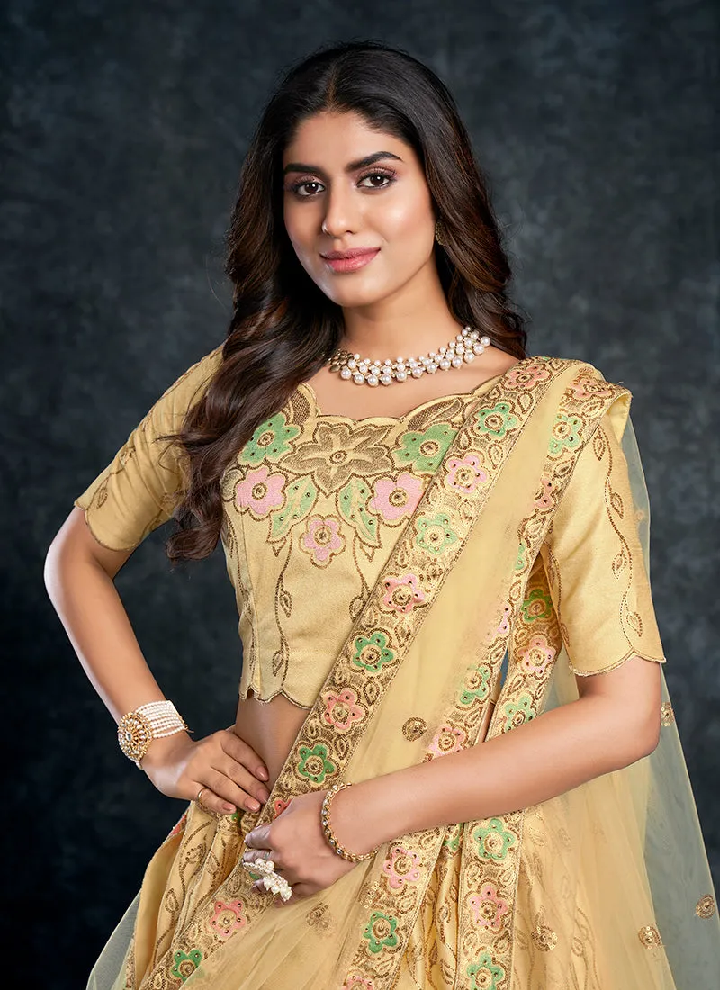 Pastel Yellow Multi Embroidery Silk Wedding Lehenga Choli