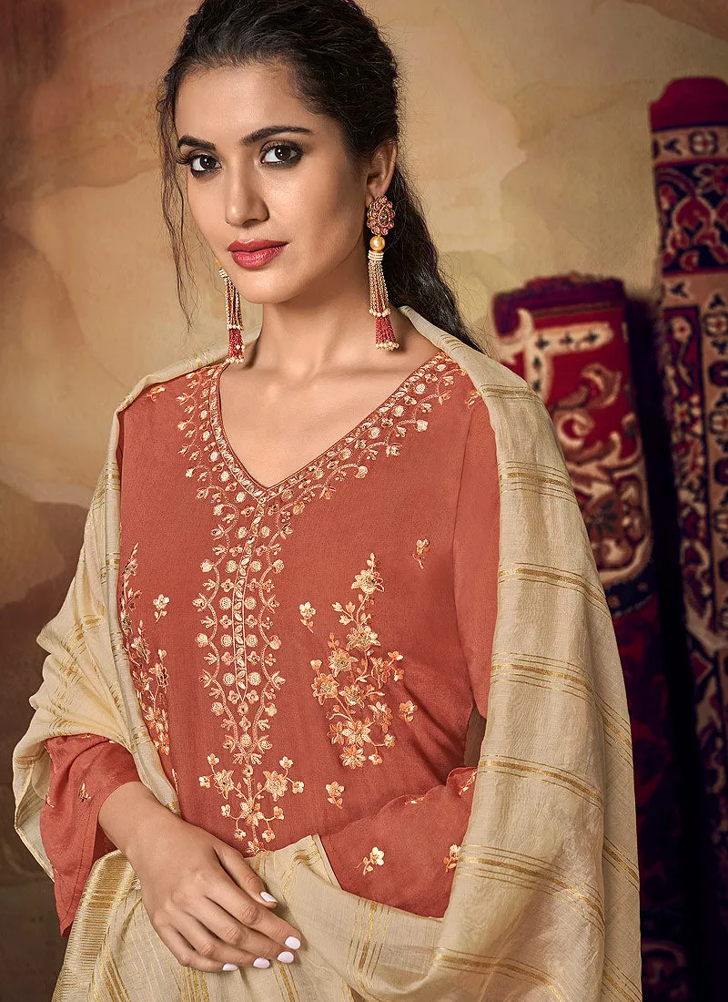 Peach And Beige Zari Embroidered Palazzo Suit