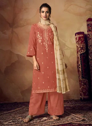 Peach And Beige Zari Embroidered Palazzo Suit