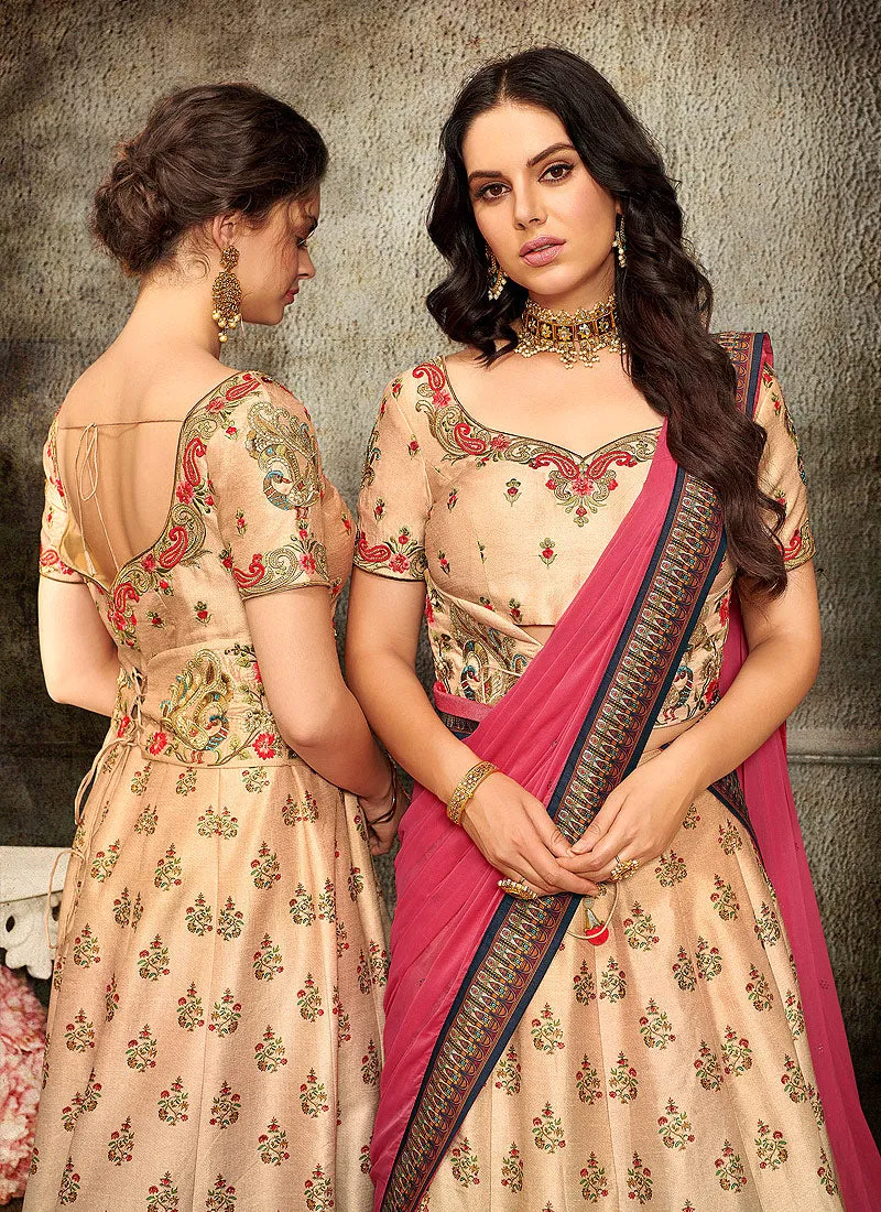 Peach And Pink Embroidered Wedding Lehenga/ Gown