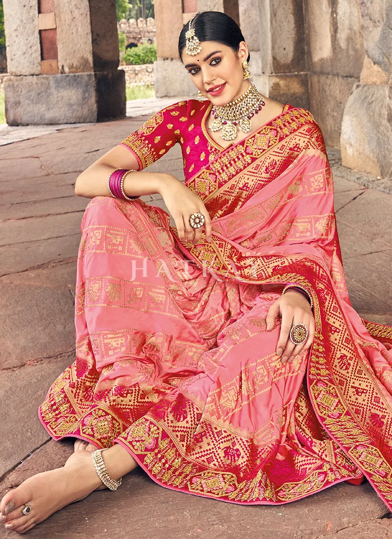 Peach And Red Designer Wedding Saree