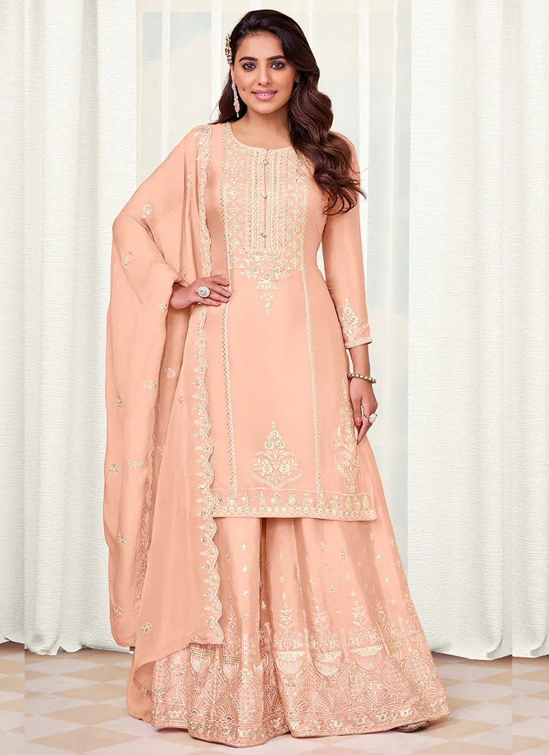 Peach Designer Embroidery Festive Palazzo Suit