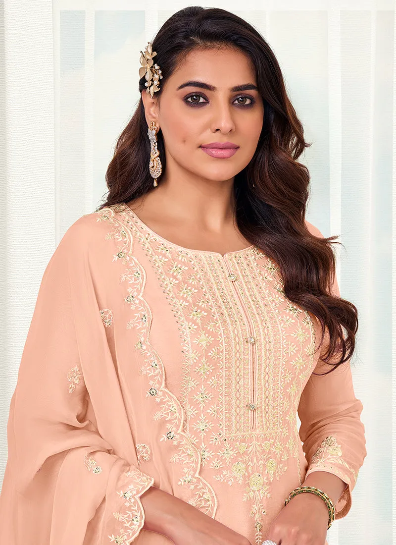 Peach Designer Embroidery Festive Palazzo Suit