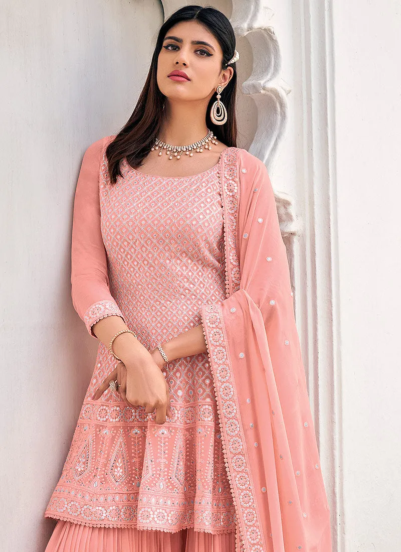 Peach Embroidered Gharara Suit