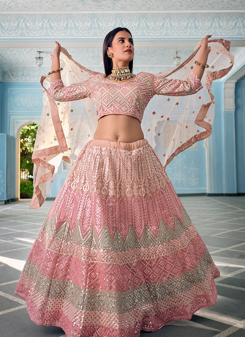Peach Foil Mirror And Thread Embroidered Designer Lehenga Choli