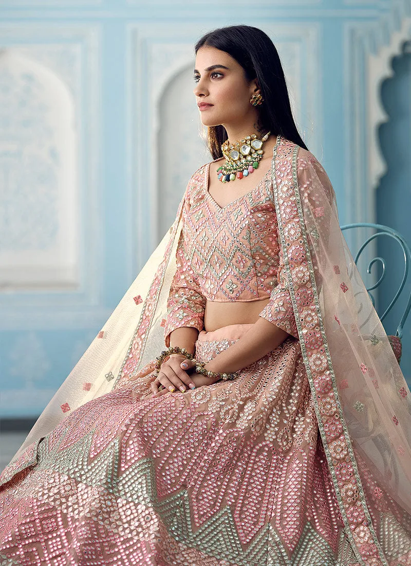 Peach Foil Mirror And Thread Embroidered Designer Lehenga Choli