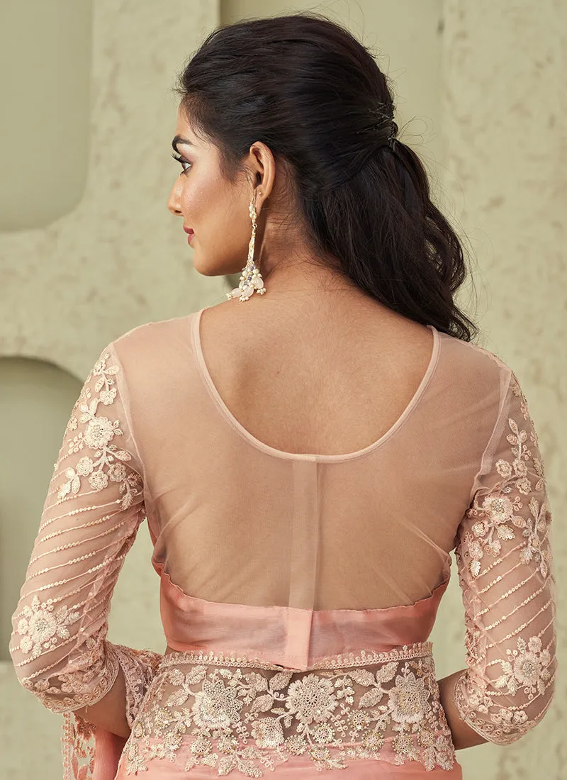 Peach Golden Sequence Embroidery Designer Silk Saree