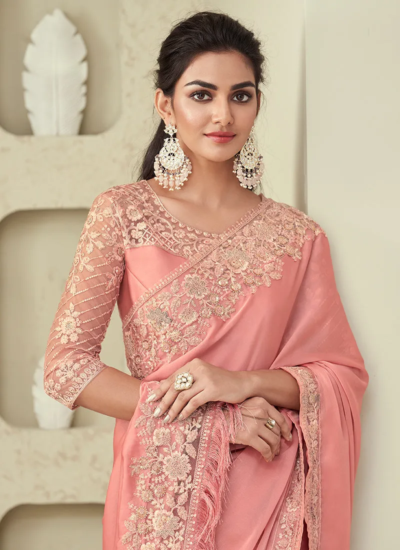 Peach Golden Sequence Embroidery Designer Silk Saree