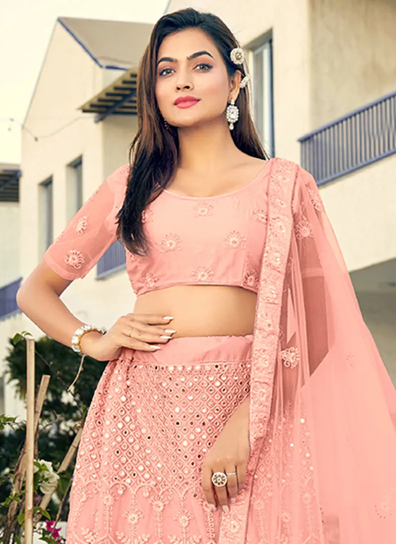Peach Mirror Work Embroidery Designer Lehenga Choli