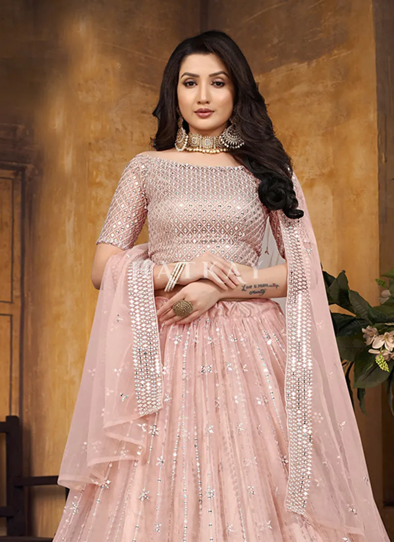 Peach Mirror Work Net Lehenga Choli