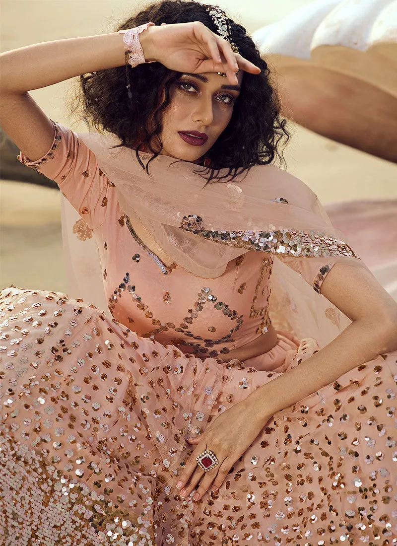 Peach Sequence Embroidered Lehenga Choli
