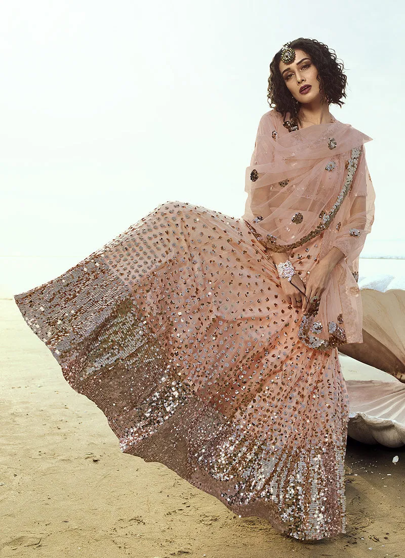 Peach Sequence Embroidered Lehenga Choli