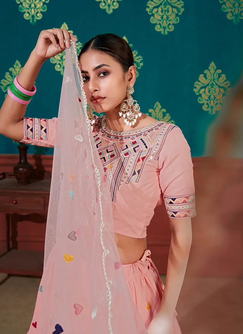 Peach Sequence Embroidery Festive Lehenga Choli