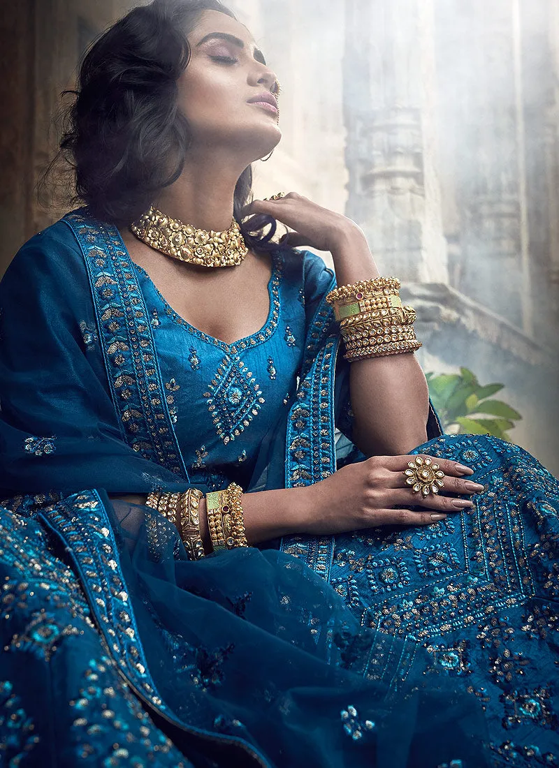 Peacock Blue Embroidered Wedding Lehenga Choli