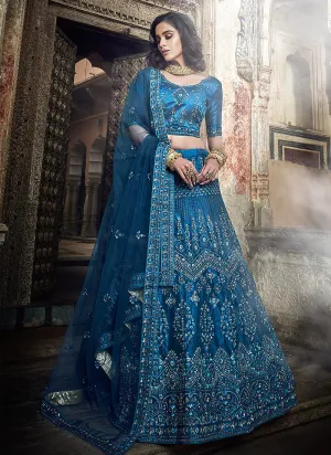 Peacock Blue Embroidered Wedding Lehenga Choli