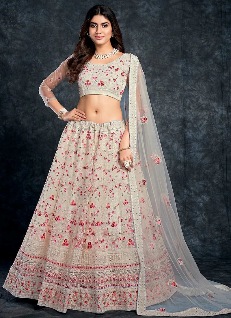 Pearl White Multi Embroidery Silk Wedding Lehenga Choli