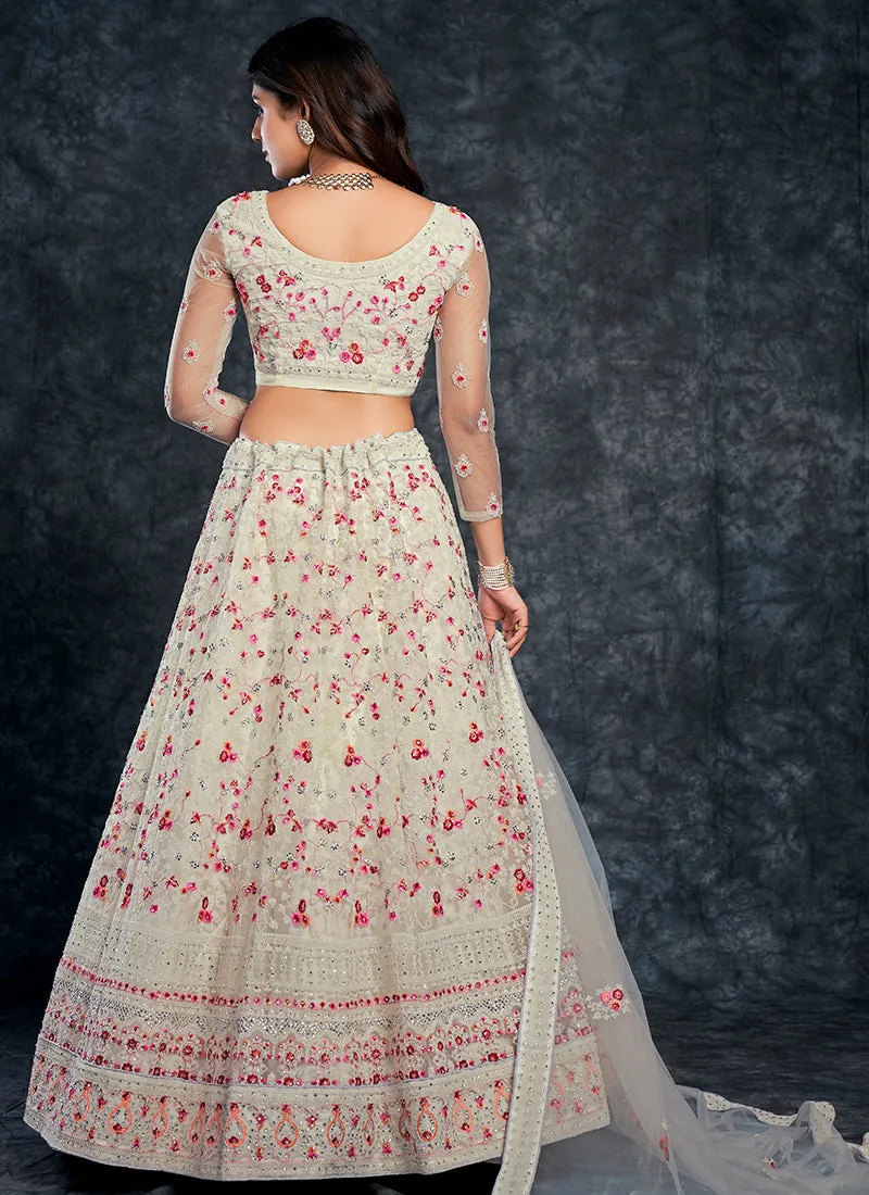 Pearl White Multi Embroidery Silk Wedding Lehenga Choli