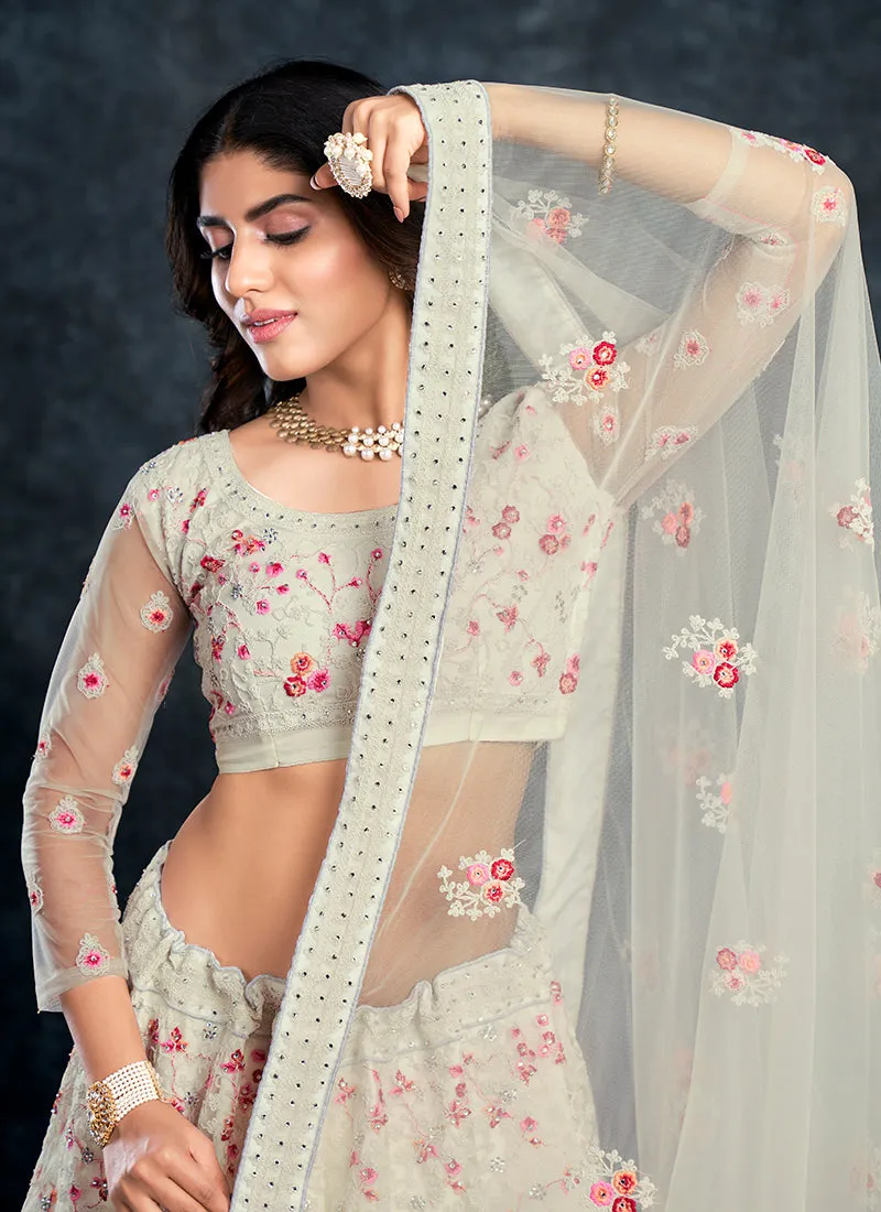 Pearl White Multi Embroidery Silk Wedding Lehenga Choli