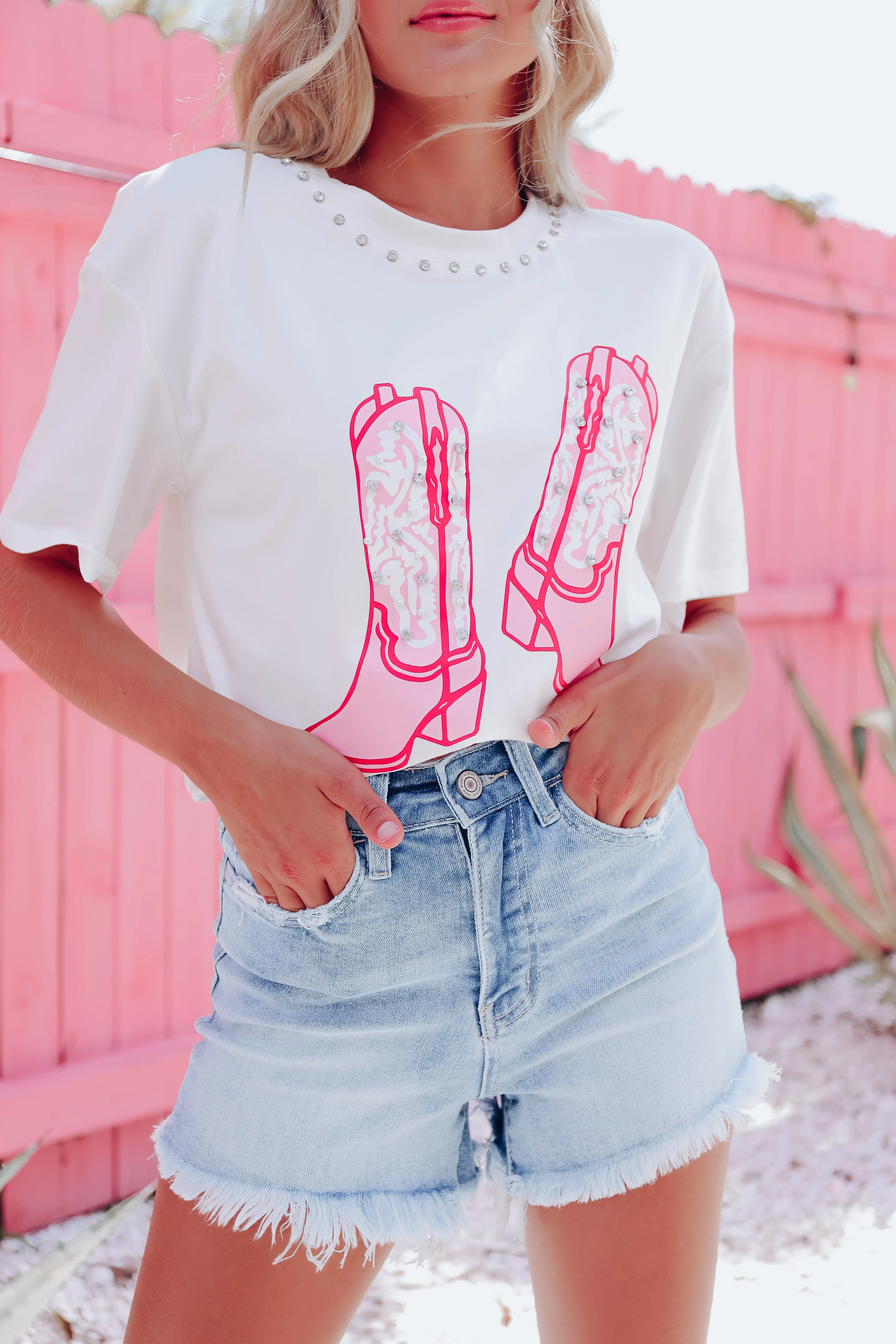 Pearls, Boots, & Bling Graphic Tee - White
