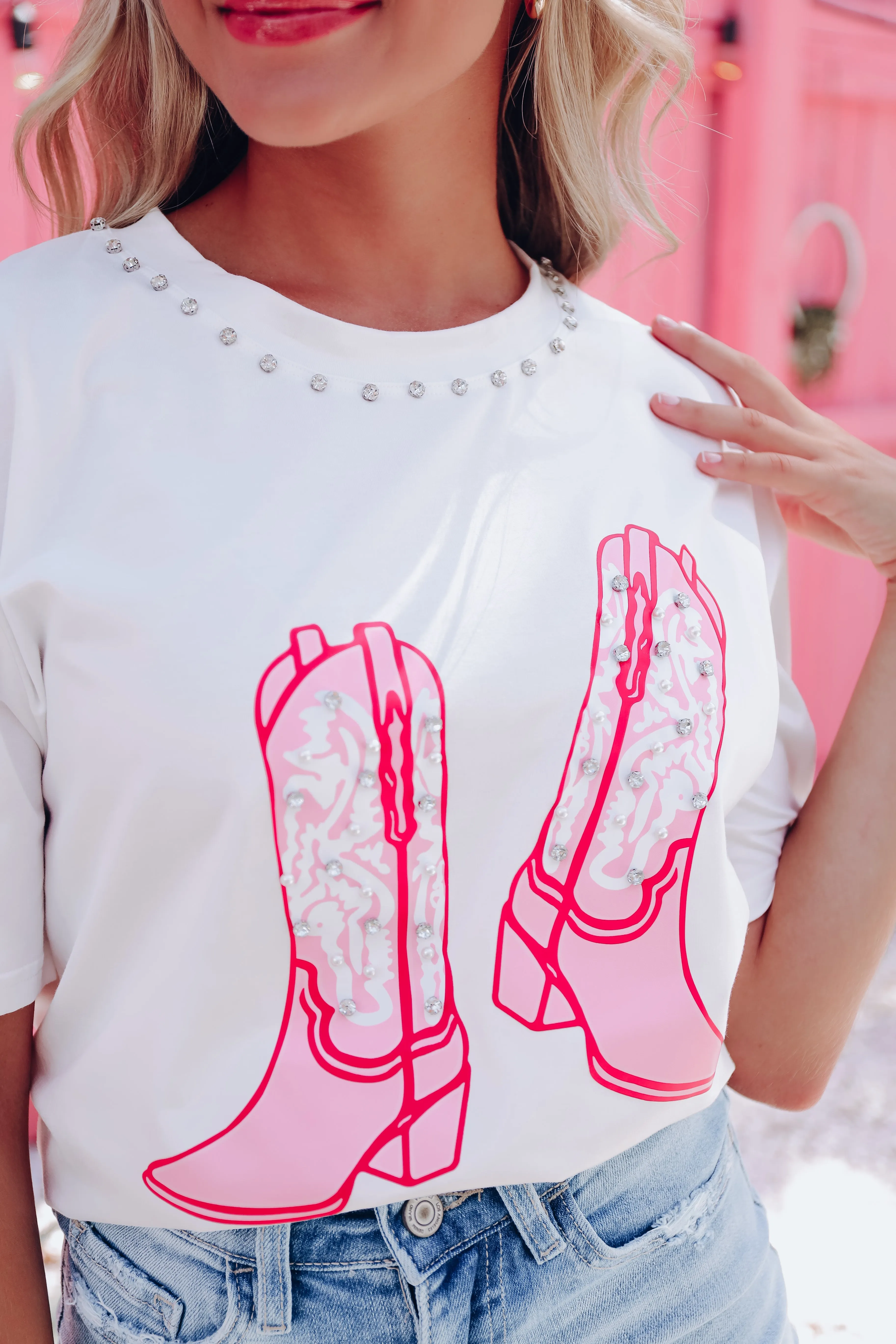Pearls, Boots, & Bling Graphic Tee - White